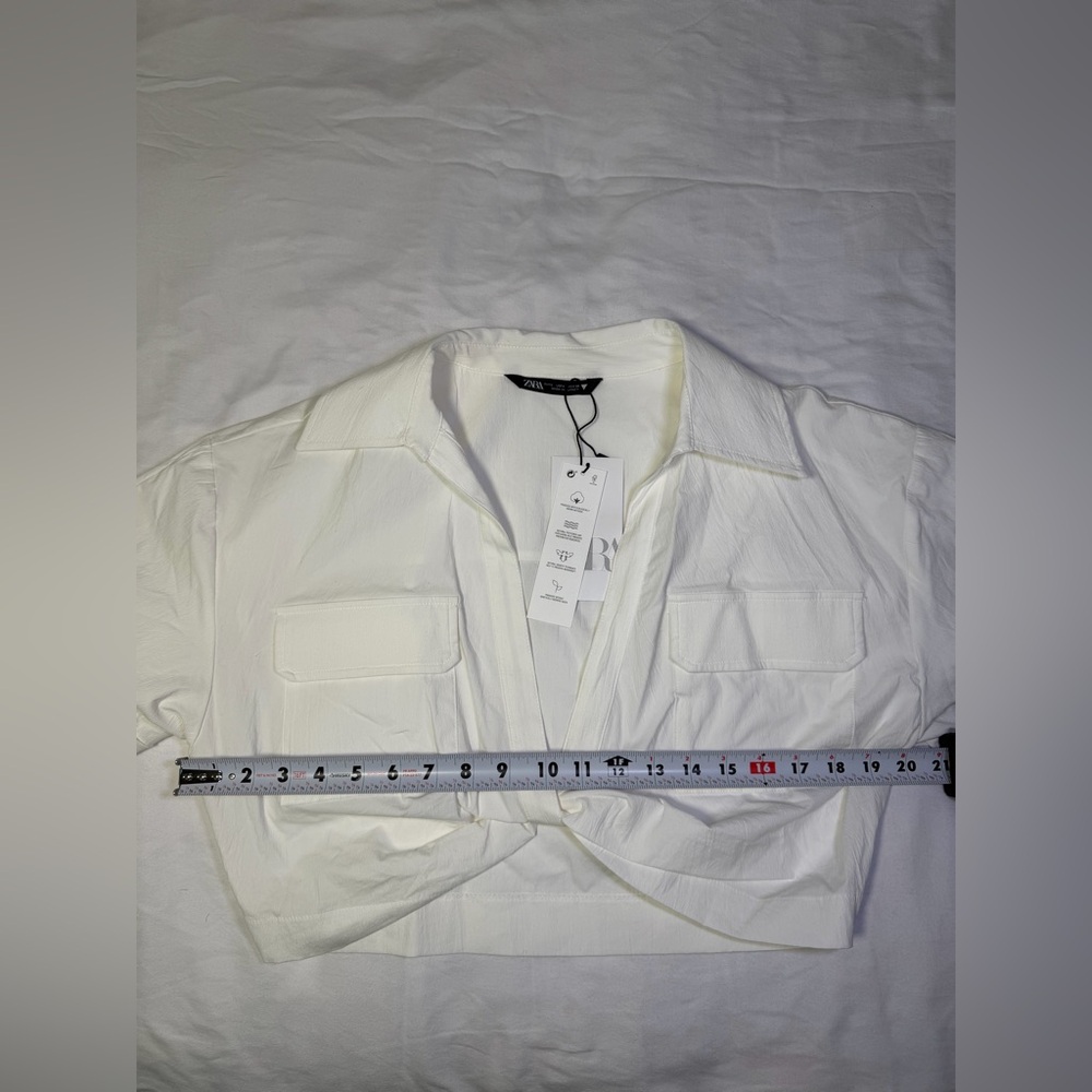 Zara Boxy Twist Hem White Collared Cropped Shirt - Picture 12 of 17